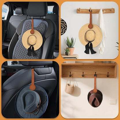 2-Pack Magnetic Cowboy Hat Clip, Leather Car Hat Holder with Strong Magnets, Universal Truck & SUV Accessories, Easy Install, Space-Saving Headrest Hook for Baseball & Cowboy Hats (Brown)