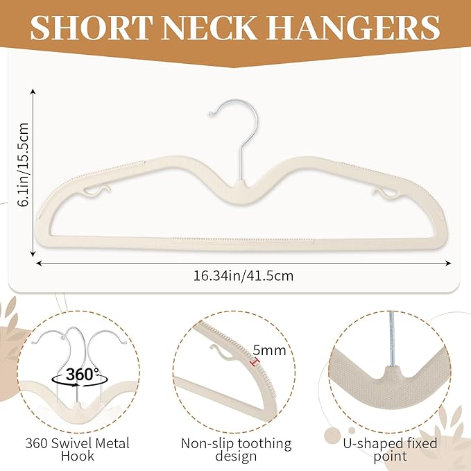 LemonRoad 50 Pack Short Neck Hangers, Upgraded Non-Slip Plastic Hangers Lifts Clothes 3" Higher, Space Saving 360 Swivel Hook for Closet Organizer, Shirts Jackets Dresses, Smooth (Warm Beige)