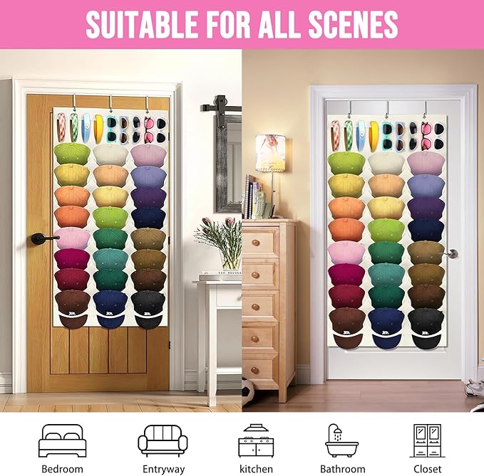 hatisan Hat Organizer Double Layers, Hat Rack for Baseball Caps Sunglasses or Other Accessories 24 Pockets Hat Rack for Wall Door with 3 Hooks and 9 Holders (Beige)