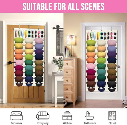 hatisan Hat Organizer Double Layers, Hat Rack for Baseball Caps Sunglasses or Other Accessories 24 Pockets Hat Rack for Wall Door with 3 Hooks and 9 Holders (Beige)