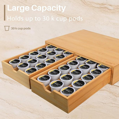 HTB K Cup Coffee Pod Holder, Drawer Type K Cup Organizer Storage, Compatible with K-Cup Pods, Space-Saving Coffee Capsule Drawer- Bamboo Double Drawer Holds Up 30 Cups
