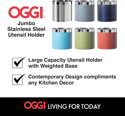 Oggi Stainless Steel Jumbo Utensil Holder - 7" Utensil Caddy, Weighted Base for Stability - Extra Large Utensil Crock and Countertop Utensil Organizer, Stainless Steel