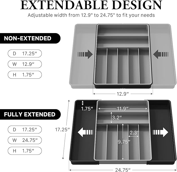 Simple Houseware Expandable Kitchen Drawer Flatware Organizer, Black/Gray