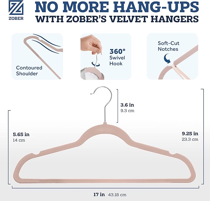 ZOBER Blush Velvet Hangers 50 Pack - Clothes Hangers, Coat Hanger for Pants & Dress Clothes - Non Slip w/ 360 Degree Swivel, Holds up to 10 lbs - Strong Felt Hanger for Clothing