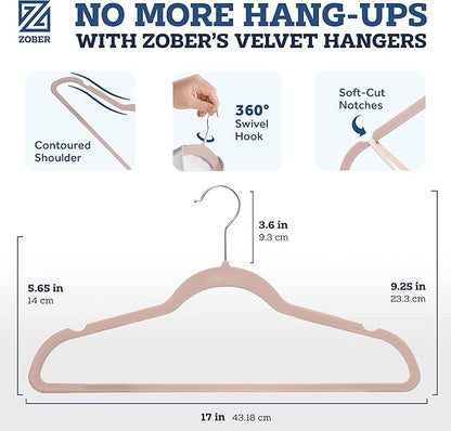 ZOBER Blush Velvet Hangers 50 Pack - Clothes Hangers, Coat Hanger for Pants & Dress Clothes - Non Slip w/ 360 Degree Swivel, Holds up to 10 lbs - Strong Felt Hanger for Clothing