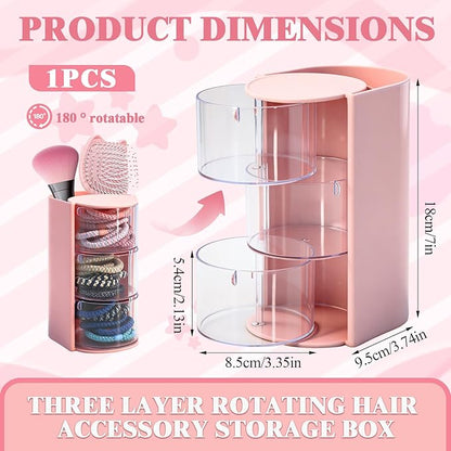 3-Tier Rotating Hair Accessories Organizer with Hair Brush Holder, Makeup Brush Organizer, Hair Tie and Hair Clip Organizer, Jewelry Storage for Girls, Pink