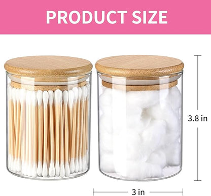 FrutPunch Glass Qtip Holder Dispenser with Bamboo Lid, 2 Pack Apothecary Jars with Lids, Cotton&Swab Apothecary Jars, Qtip Holder Bathroom Set for Countertop Bathroom Essentials Accessories Decor
