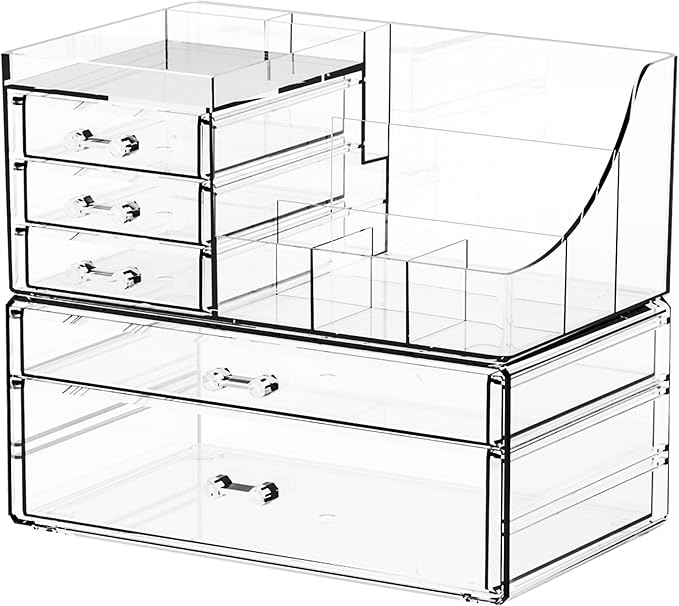 Yieach 2 Pack Clear Makeup Organizer Countertop for Dresser,Vanity and Bathroom Counter Organizer,Tiered Stackable Makeup Acrylic Organizers with 5 Drawer for Skincare,Brush and Make up Holders