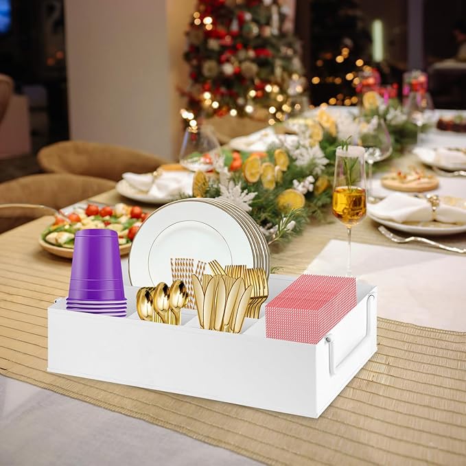 NelyBet Paper Plate Dispenser Holders Utensil Caddy for Countertop,Outdoor Silverware Caddy, Picnic and Camping Utensil Holder, Flatware Organize with Handle for Party Gatherings, Metal (White)