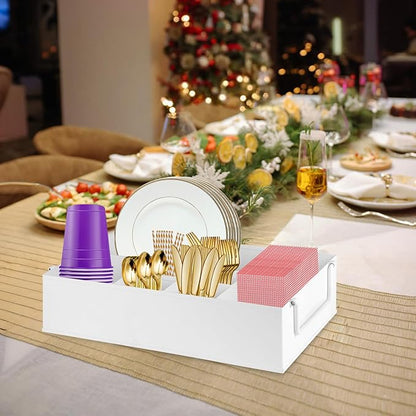NelyBet Paper Plate Dispenser Holders Utensil Caddy for Countertop,Outdoor Silverware Caddy, Picnic and Camping Utensil Holder, Flatware Organize with Handle for Party Gatherings, Metal (White)