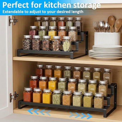 Expandable Spice Rack Organizer for Cabinet, Metal Spice Organizer Adjustable Length, Seasoning & Pantry Organization Shelf 3-Tier, Non-Skid Step Shelf for Kitchen Cabinet, Pantry or Countertop