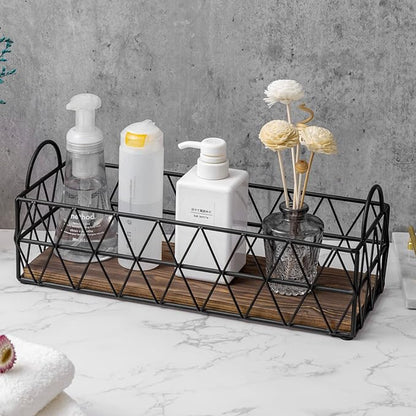 MyGift 16 Inch Deluxe Black Metal Toilet Tank Tray with Geometric Wire Design and Burnt Wood Base, Bathroom Vanity Toiletry Storage Organizer Tray with Handles