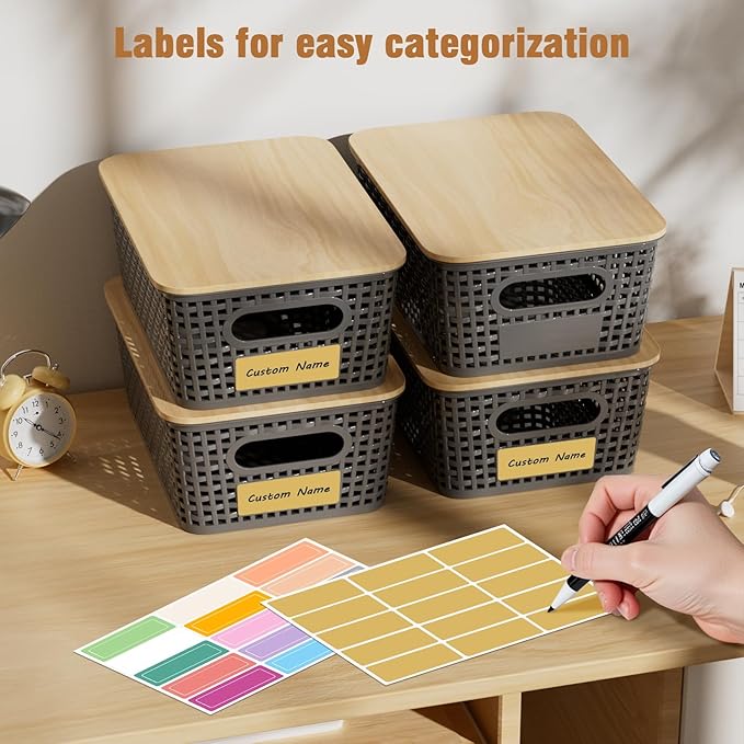8 Pcs Plastic Storage Bins with Bamboo Lids and Labels 5.29qt Stackable Box Basket Pantry Decorative Containers, Small Storage Baskets for Drawers Organizing Closets Bedrooms Cabinets 10*7.2*4.1"