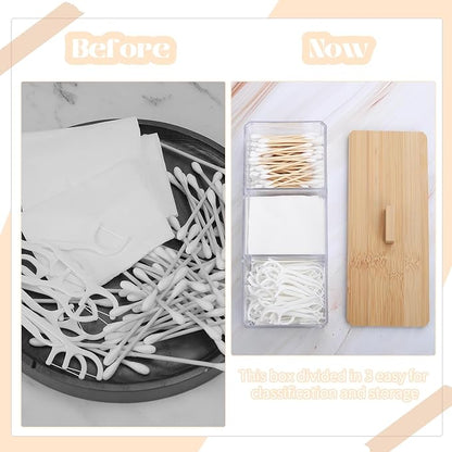 Wood Qtip Holder 3 Compartments Cotton Ball and Swab Holder Organizer with Lid,Jar for Cotton Rounds,Bathroom Containers,Clear Acrylic Desk Organizer for Makeup Pads,Cosmetics Bedroom