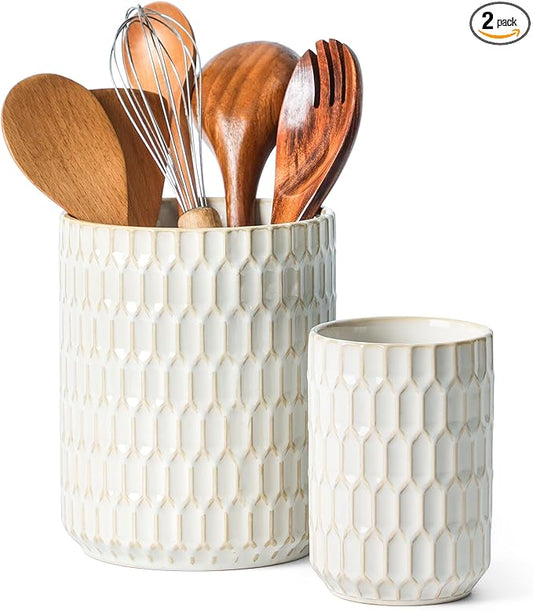 Utensil Holder, 7.5"+5.3" Ceramic Kitchen Utensil Holder for Countertop, Large Cooking Utensil Crock for Kitchen Counter, Set of 2, Beige