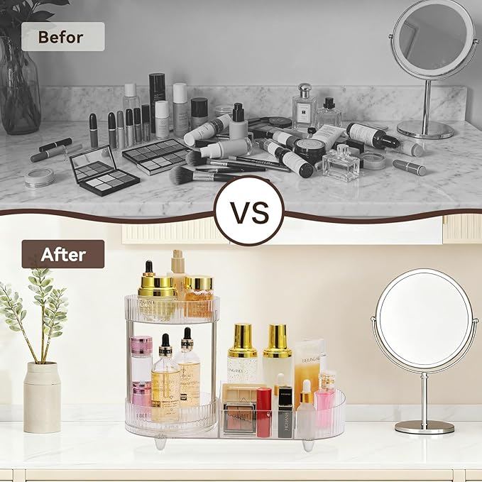 Makeup Organizer Rotating Perfume Tray 5-compartment Cosmetic and Skincare Organizers Makeup Brush Holder for Bathroom Vanity Bedroom Counter Countertop (Transparent-Silver Foot Mat)