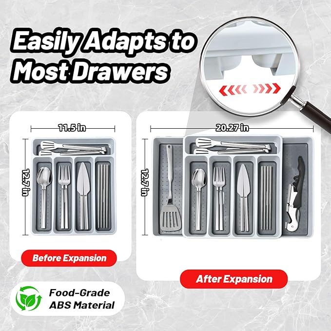 Non-Slip Expandable Silverware Drawer Organizer,7 Compartment Tasteless Large Capacity Thick Plastic Flatware Divider for Silverware, Stationery, Cosmetics – Minimalist Design and Premium Feel