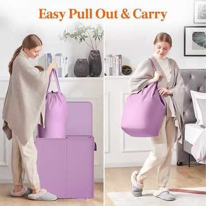Lifewit Double Laundry Hamper with Lid and Removable Laundry Bags, Large Collapsible 2 Dividers Dirty Clothes Basket with Handles for Bedroom Laundry Room Closet Bathroom College, 136L Purple