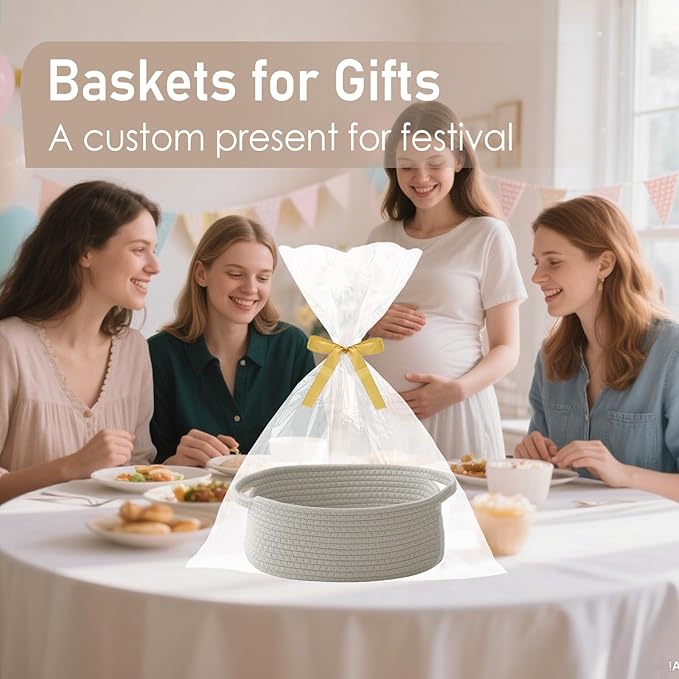 JMvicyroam Woven Basket,Small Rope Storage Bin with Handles & Ribbon Bag, Organizer for Shelves Closets,Gift Basket Empty for Birthday,Books,Dog Toys, Grey