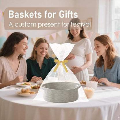 JMvicyroam Woven Basket,Small Rope Storage Bin with Handles & Ribbon Bag, Organizer for Shelves Closets,Gift Basket Empty for Birthday,Books,Dog Toys, Grey