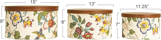 Household Essentials Floral Nestable Hat Boxes with Faux Leather Lids, Multicolor, Set of 3