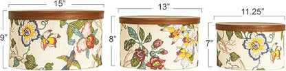 Household Essentials Floral Nestable Hat Boxes with Faux Leather Lids, Multicolor, Set of 3