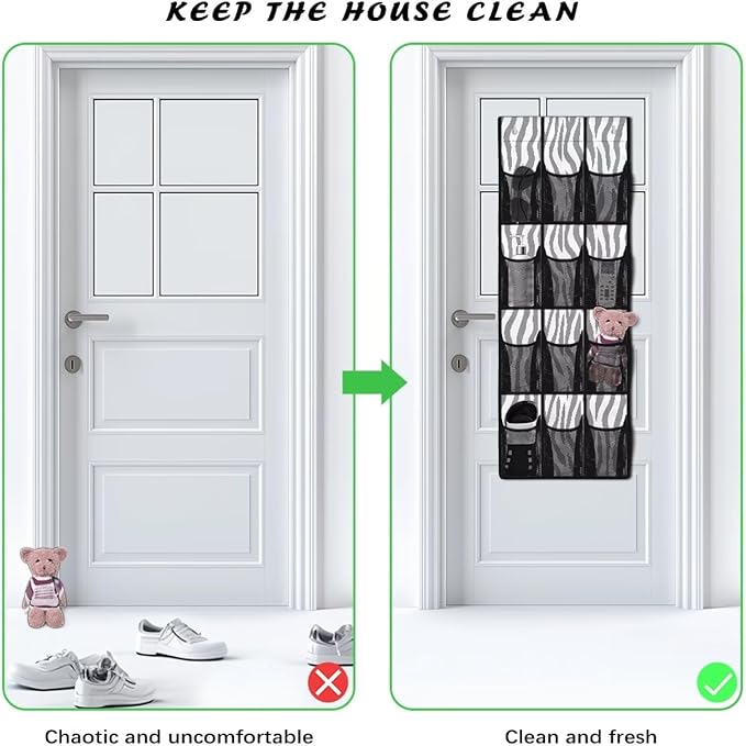 Zebra Stripes Over The Door Organizer 12 Pockets Door Hanging Shoe Organizer Mesh Fabric Wall Hanging Storage for Closet Space Saving Shoe Holder Hanger