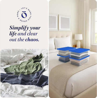 HOMZ 4-Pack Snaplock, Small Clear Plastic Storage Organizer Bins w/Lids, 12 Quart, Blue - Stackable Container Boxes for Bedroom, Bathroom, Garage, and Office Organization