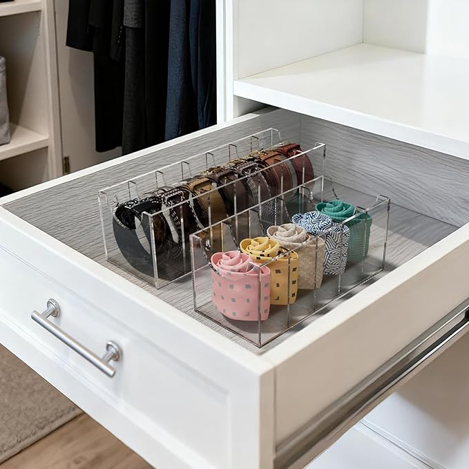 FEMELI Belt Organizer, Acrylic 7 Compartments Container Storage Holder, Clear Display Case for Closet Tie and Bow Tie