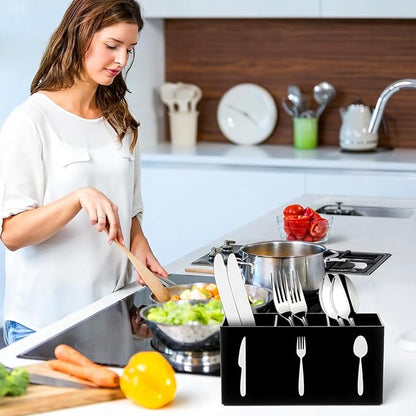Cutlery Storage Organizer Silverware Caddy Utensil Holder Countertop Knife Spoon and Fork Organizer Kitchen 3 Section Tableware Storage Box Indoor Outdoor Party Tableware Holder (Black)