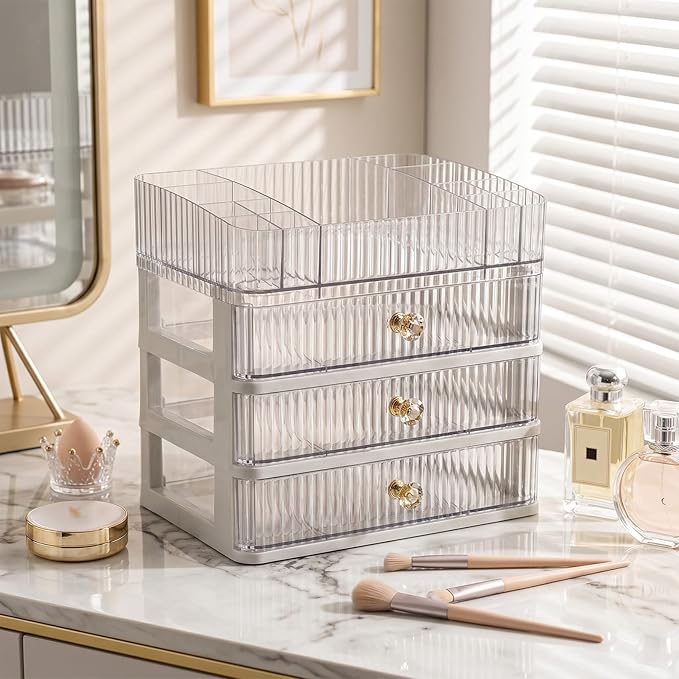 Makeup Organizer with 3 Drawers, Clear Bathroom Counter Organizer, Skincare Organizer for Vanity Countertop, Cosmetic Display Case, Ideal Choice for Storing Lipsticks, Nail Polishes, Perfumes