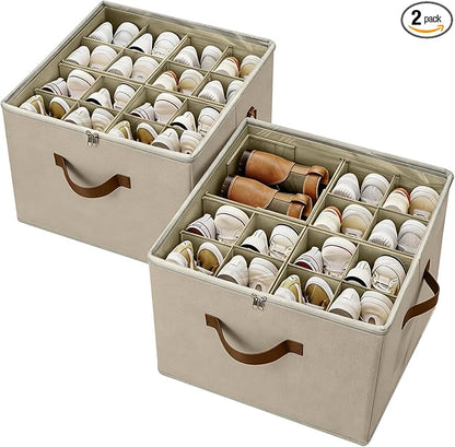 2 Pack Shoe Organizer Box – Large Capacity Shoe Storage Organizer with Transparent Cover & Flexible Dividers, Fits 16-32 Pairs, Heavy Duty Fabric Shoe Organizer for Closet, Entryway, Dorm