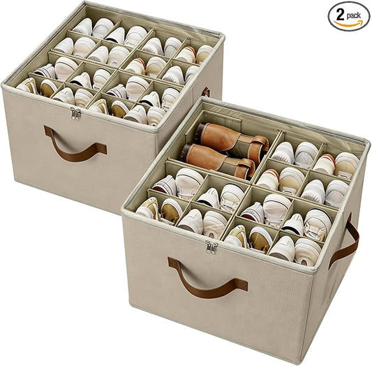 2 Pack Shoe Organizer Box – Large Capacity Shoe Storage Organizer with Transparent Cover & Flexible Dividers, Fits 16-32 Pairs, Heavy Duty Fabric Shoe Organizer for Closet, Entryway, Dorm