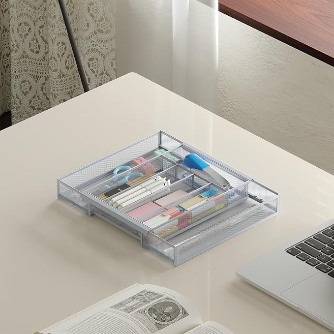 Sedegn Silverware Organizer Metal Mesh, Drawer Organizer, Utensil Cutlery Tray Expandable Flatware Organizer with 7 Compartment Silver 9.6"~16.1" x 13.8"