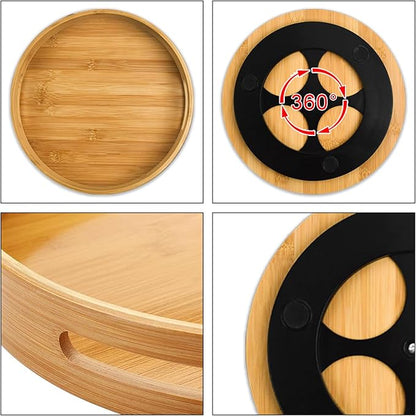 Wooden Lazy Susan Organizer for cabinet-12 Inch Bamboo Kitchen Turntable Organizer with Double Handles-Large Bamboo Lazy Susan for Table Top, Countertop, Cabinet, Pantry, Dining Table