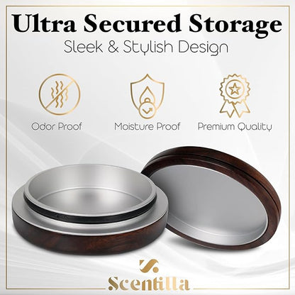 Luxury Real Teak Wood & Metal Pouch Container - Premium Pouch Can & Holder - EDC Storage Tin - Odor & Moisture Proof - with Beautiful Gift Box & Velvet Bag