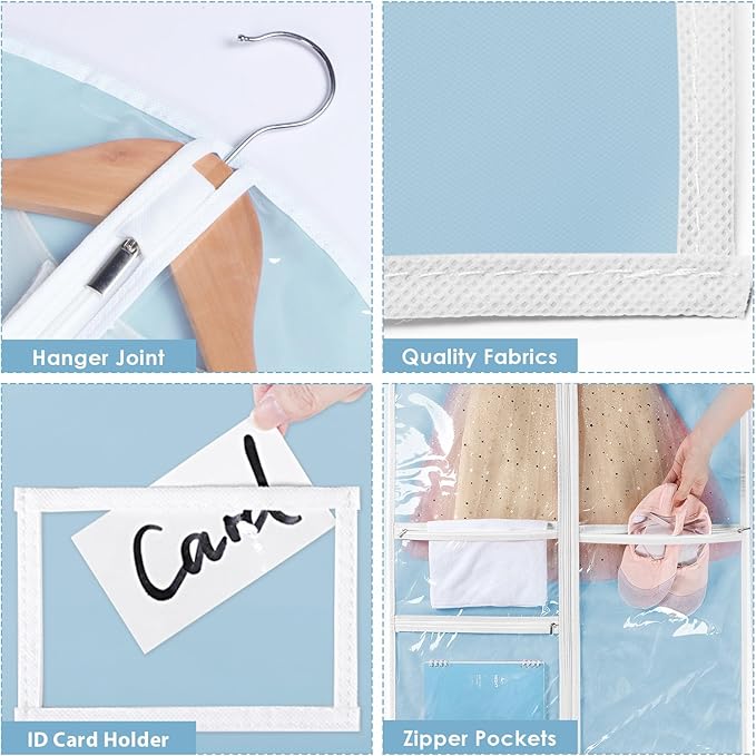 Univivi Dance Costume Garment Bags for Kids, 40 Inch Foldable Hanging Garment Bags for Dancers with Clear PVC Window and 3 Zipper Pockets, Blue(5 Pack)