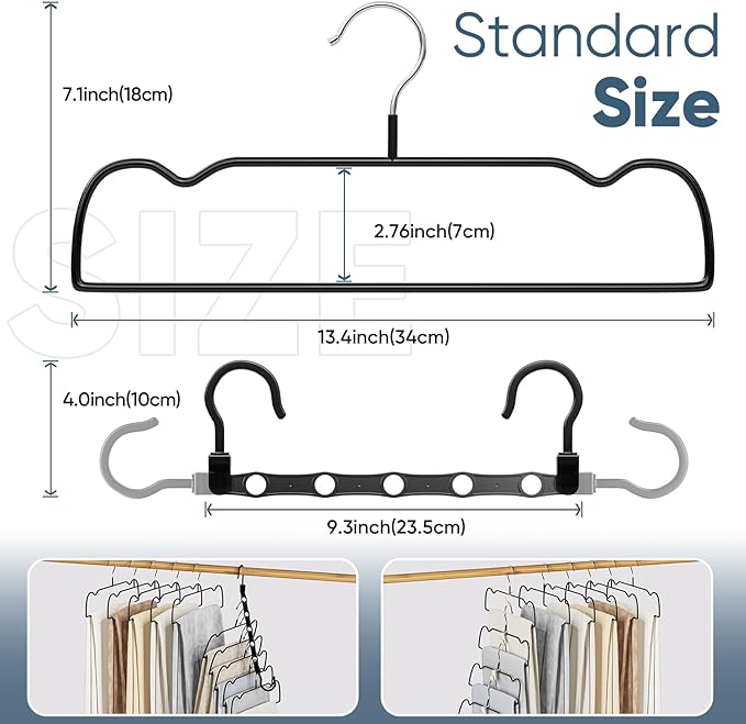 Black Rubber Coated Metal Pants Hangers 20 Pack with Shoulder Notches, Non-Slip, Heavy Duty, Space Saving Closet Organizer for Slacks, Scarf, Ties, Includes 4 Magic Hangers and 10 Hooks