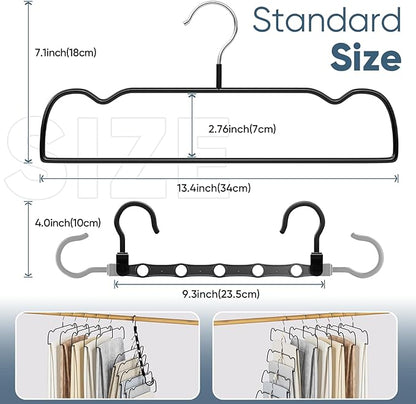 Black Rubber Coated Metal Pants Hangers 20 Pack with Shoulder Notches, Non-Slip, Heavy Duty, Space Saving Closet Organizer for Slacks, Scarf, Ties, Includes 4 Magic Hangers and 10 Hooks