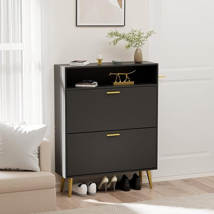 JOZZBY Shoe Cabinet for Entryway, Narrow Shoe Storage Cabinet with 2 Flip Drawers, Freestanding Hidden Shoe Rack Storage with Open Shelves for Hallway, Living Room