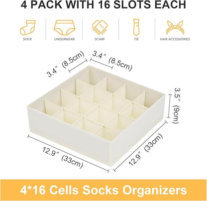 Joyoldelf Sock Drawer Organizer Divider Underwear Organizer 16-cell Fabric Dresser Drawer Organizers Storage Boxes for Socks Lingerie, Handkerchiefs, Ties 4 Pack (Beige)