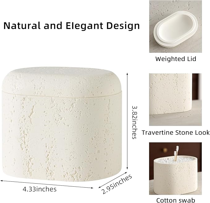 Bathroom Qtip Holder Container, 2-Pack, Travertine Stone Look Storage Jars for Cotton Swabs, Jewelry, Floss Picks, Bathroom Essentials Decor Restroom Vanity Decor (White)