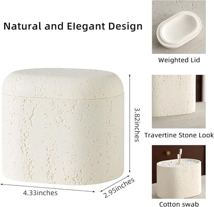Bathroom Qtip Holder Container, 2-Pack, Travertine Stone Look Storage Jars for Cotton Swabs, Jewelry, Floss Picks, Bathroom Essentials Decor Restroom Vanity Decor (White)