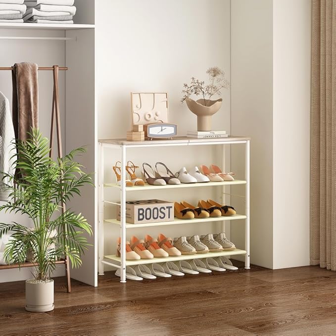 INGIORDAR Shoe Rack Organizer 5 Tier Metal Organizer Shelf with Industrial MDF Board and Layer Fabric for Entryway Closet Bedroom Living Room Garage (White, 4 Tier)
