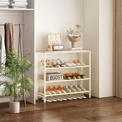 INGIORDAR Shoe Rack Organizer 5 Tier Metal Organizer Shelf with Industrial MDF Board and Layer Fabric for Entryway Closet Bedroom Living Room Garage (White, 4 Tier)