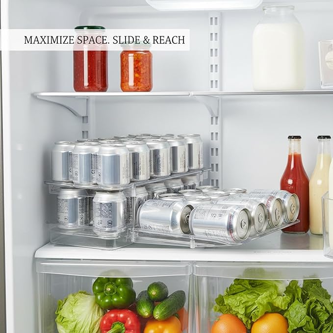 Retractable Can Organizer, Adjustable Width Sliding Beverage Dispenser for Refrigerator and Pantry, Clear Plastic