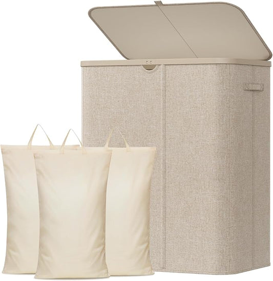Lifewit 185L Large 3 Section Laundry Hamper with Lid, Plastic Laundry Basket with Bamboo Handles and Removable Bags, Tall Foldable Clothes Hamper for Bathroom Bedroom, Beige