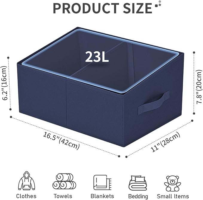 DIMJ Large Closet Shelf Organizer Bins 4 Packs with Handles and Divider, Fabric Trapezoid Storage Baskets, Foldable Clothes Containers Box for Shelf, Towel, Book, Toy, Purse, Hats, Navy Blue
