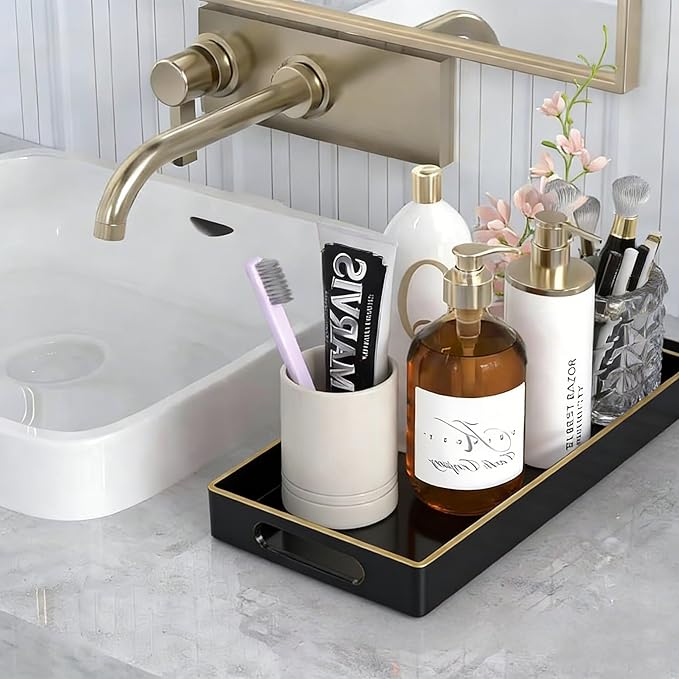 Black Bathroom Vanity Tray for Countertop,Small Rectangular Plastic Tray for Toilet Tank,Multi-Purpose Bathroom Organizer for Makeup,Perfumes,Jewelry,Candles & Keys