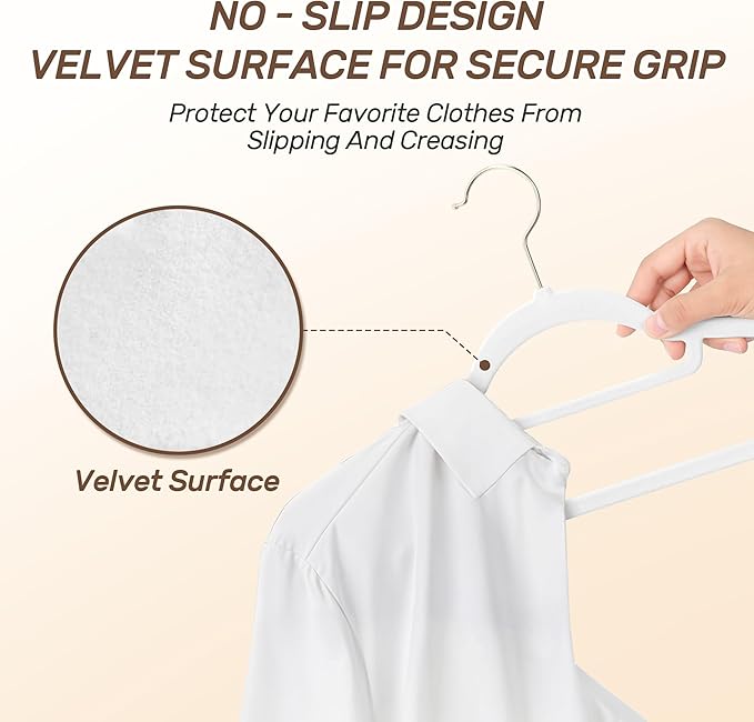 Sishynio Velvet Hangers 30 Pack with Gold Hooks, Non-Slip Slim Felt Hanger for Clothes, Heavy Duty Space Saving Flocked Hangers for Dresses, Suits, Coats & Pants(White)